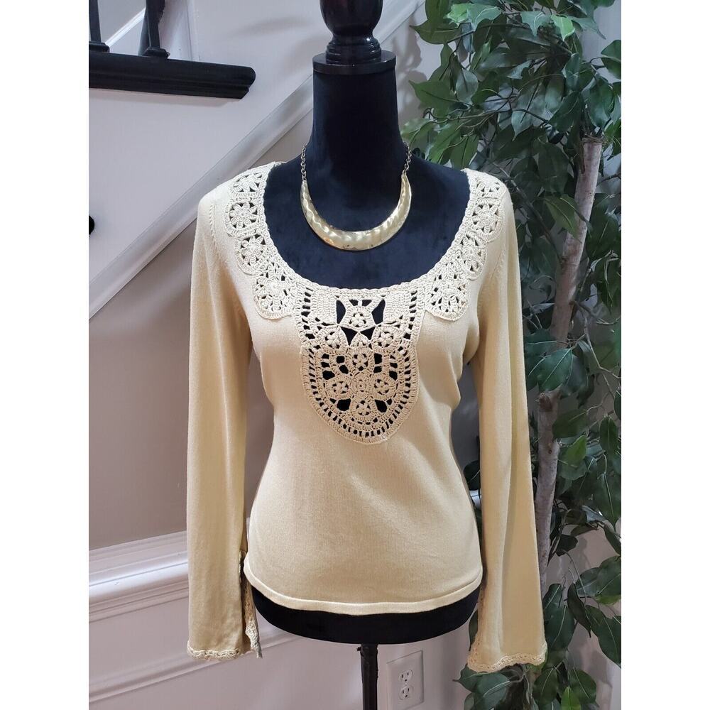 INC International Concepts Womens Beige Rayon Crochet Round Neck Sweater Large